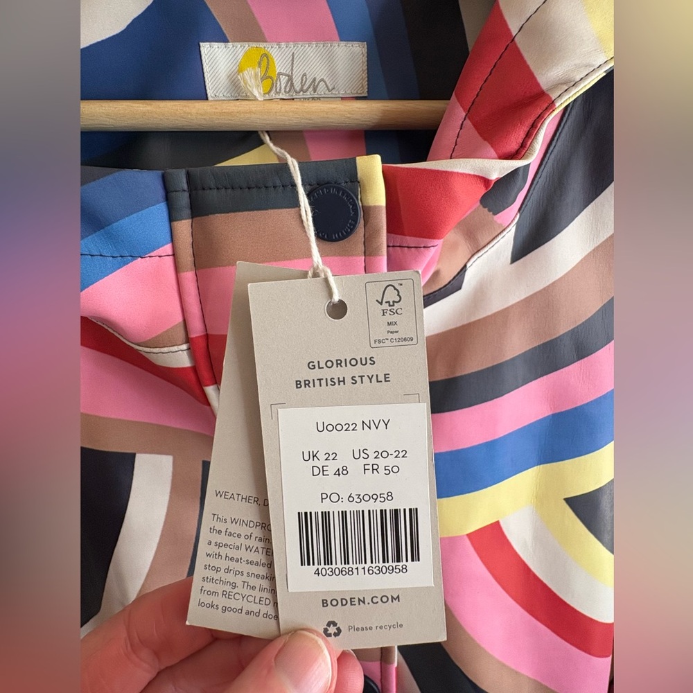 NWT- Boden Rainbow Arc Print Hooded Raincoat — Pink, Blue, Yellow, Green, Gray - Picture 7 of 11